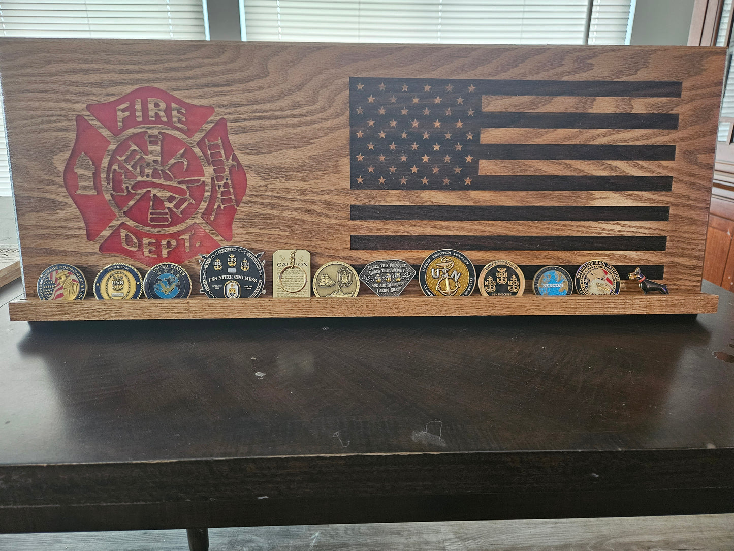 12"x30" Oak Challenge Coin Holder and Plaque with Custom Firefighter Design