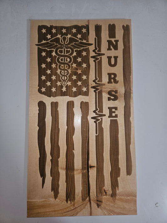 11"x21" Pine Nurse Flag Plaque with Laser Engraved Design