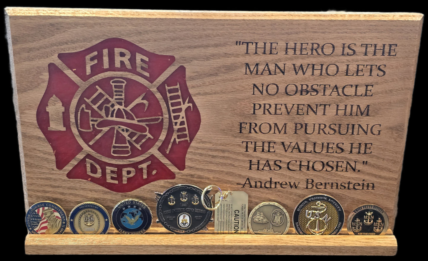 12"x18" Oak Fire Department Plaque and Challenge Coin Holder with Inspirational Quote